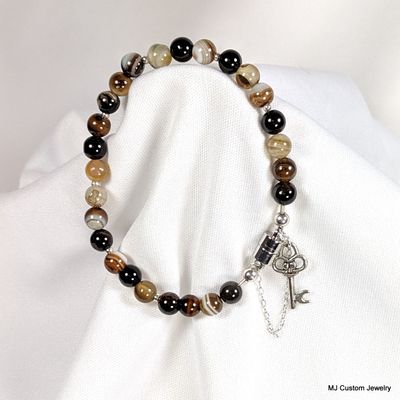 Brown Dream Agate & Antique Key Charm Magnetic Clasp Bracelet