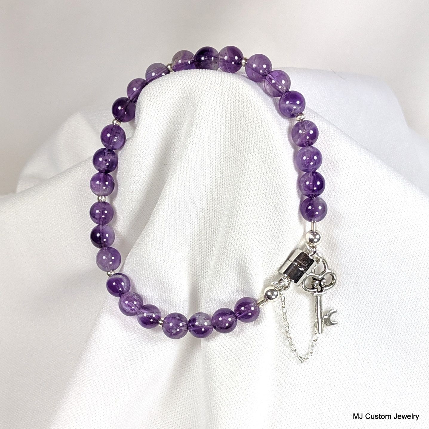 Amethyst & Antique Key Charm Magnetic Clasp Bracelet