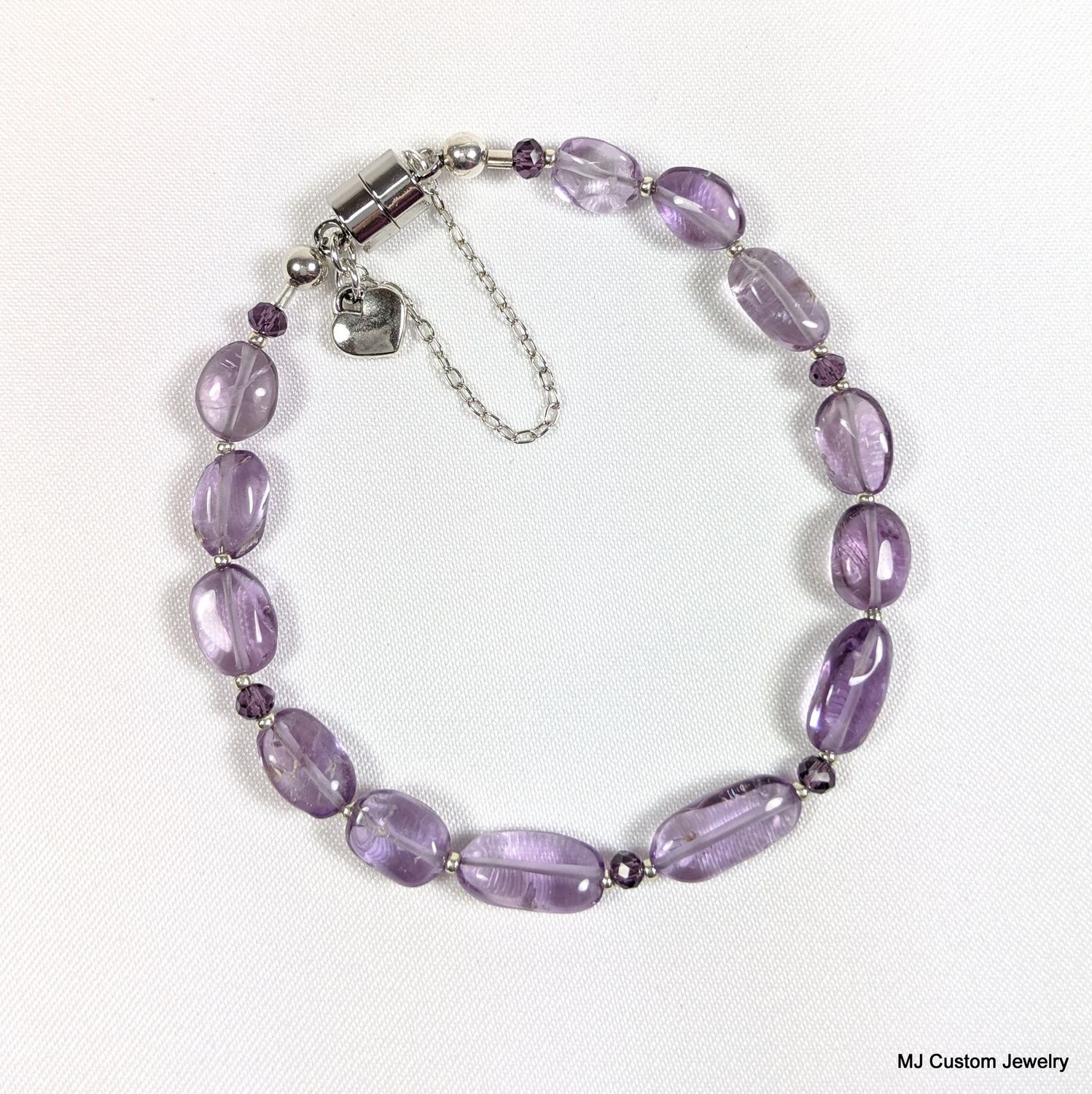 Amethyst Oval Nuggets & Heart Charm Magnetic Clasp Bracelet