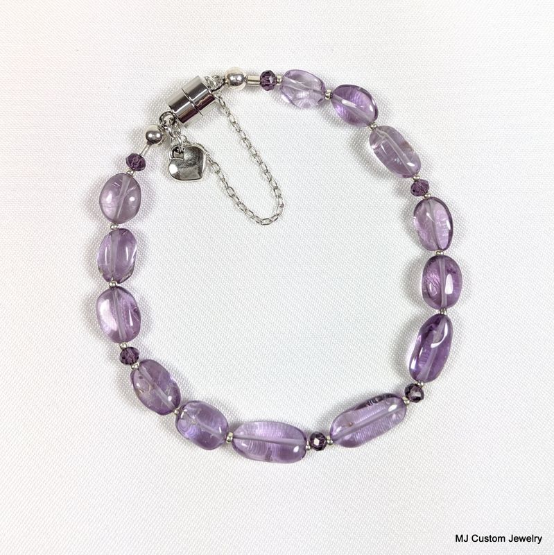 Amethyst Oval Nuggets & Heart Charm Magnetic Clasp Bracelet