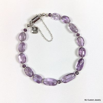 Amethyst Oval Nuggets & Heart Charm Magnetic Clasp Bracelet
