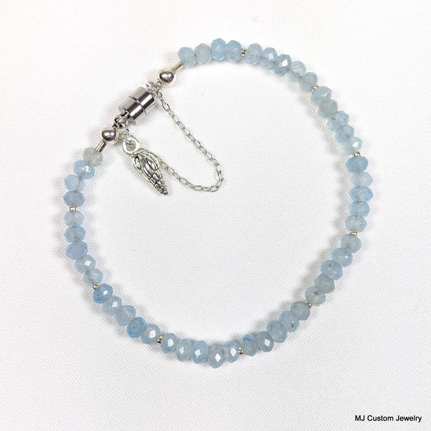 Aquamarine Rondelle & Shell Charm Magnetic Clasp Bracelet