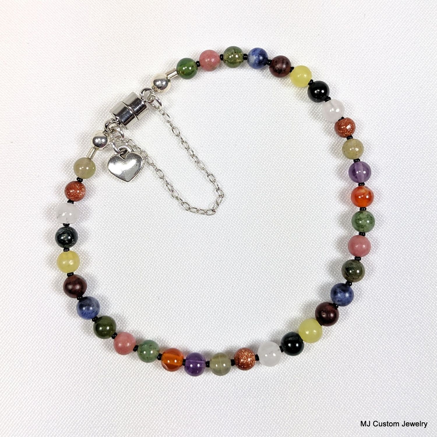 Multi-gems Simple Strand & Heart Charm Magnetic Clasp Bracelet