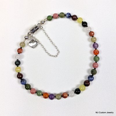 Multi-gems Simple Strand & Heart Charm Magnetic Clasp Bracelet