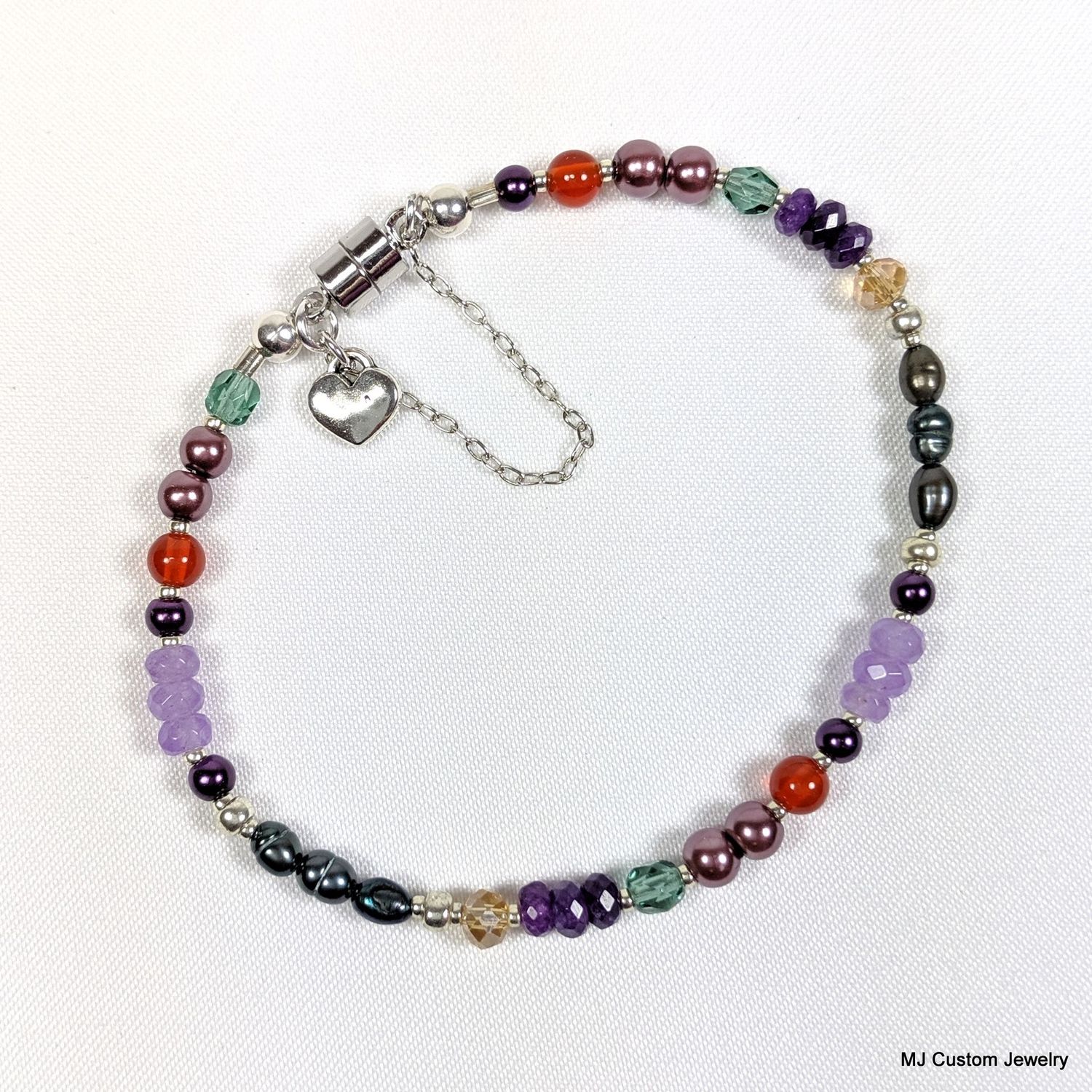 Multi-gems, Crystal & Pearl Jewel Tone Magnetic Clasp Bracelet