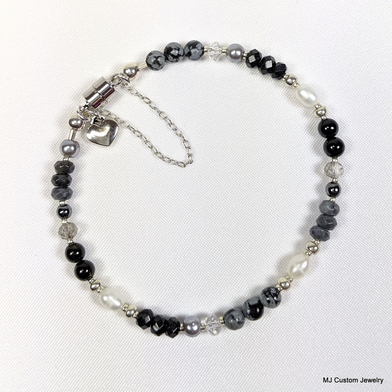 Multi-gems, Crystal & Pearl Black & Grey Magnetic Clasp Bracelet