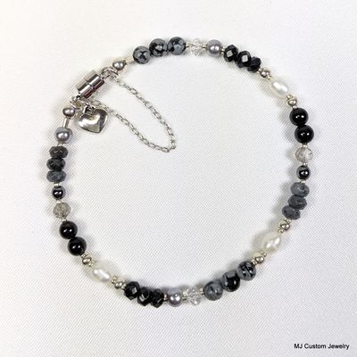 Multi-gems, Crystal & Pearl Black & Grey Magnetic Clasp Bracelet