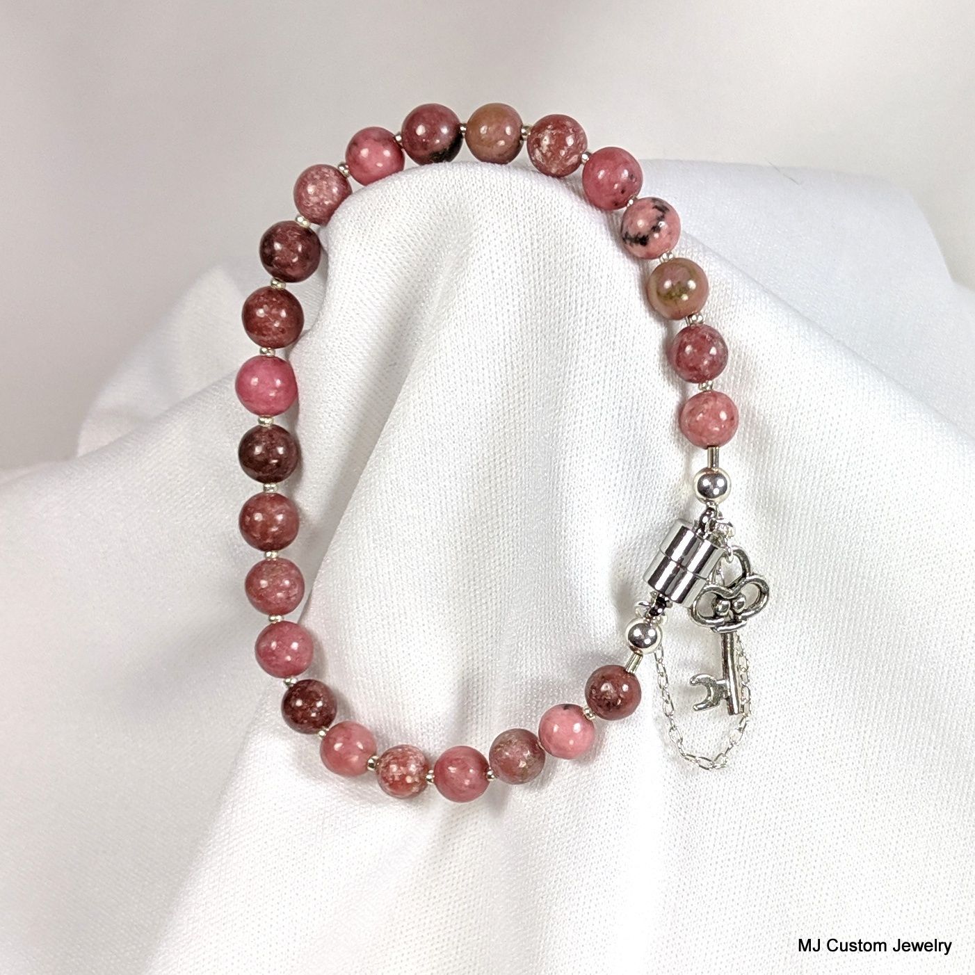 Rhodonite & Antique Key Charm Magnetic Clasp Bracelet