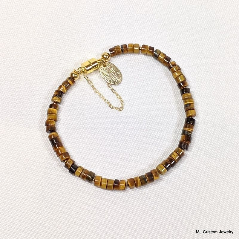 Tigereye Heishi & Brushed Gold Drop Magnetic Clasp Bracelet