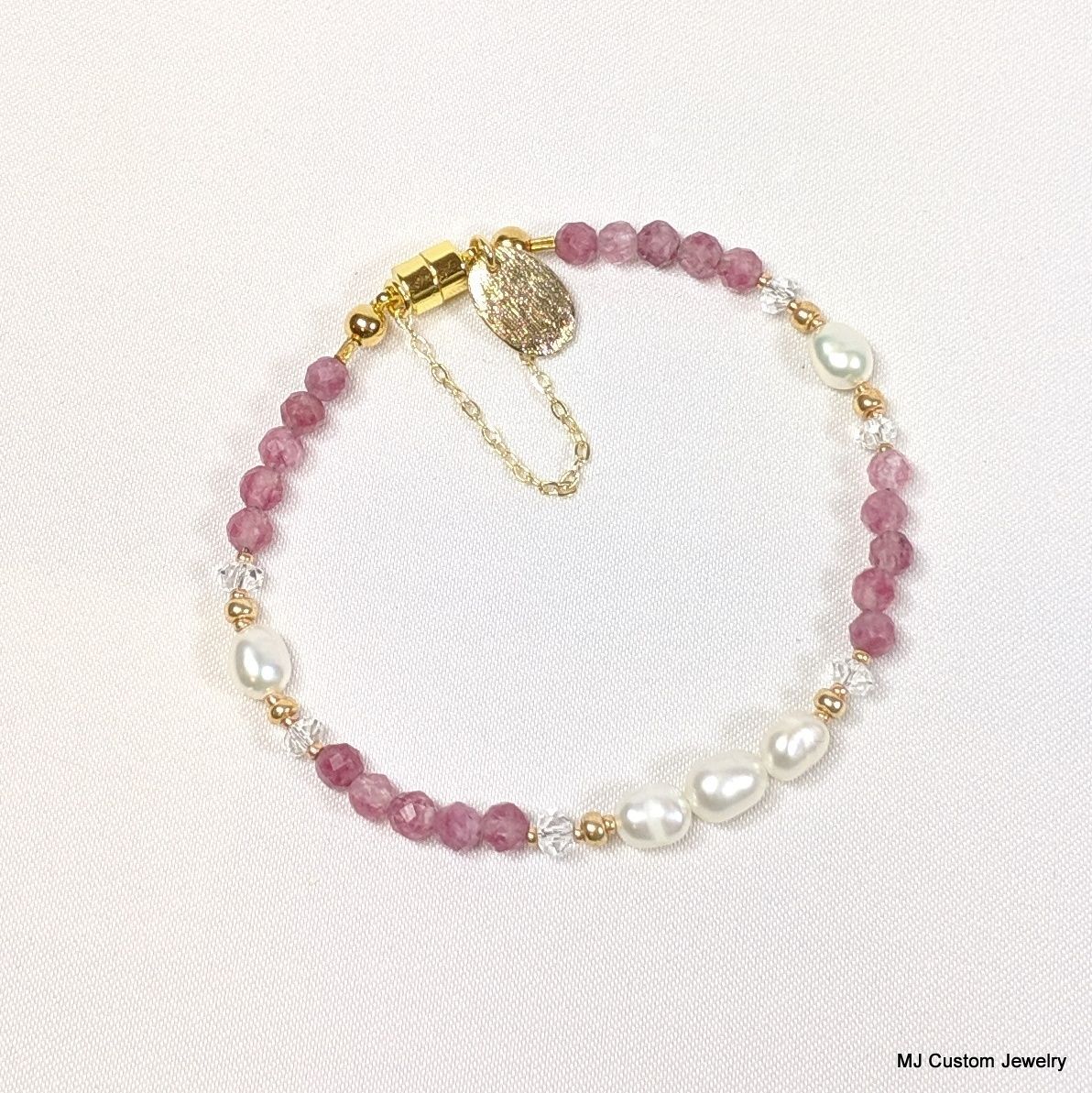 Pink Tourmaline, FW Pearl & Brushed Gold Drop Magnetic Clasp Bracelet