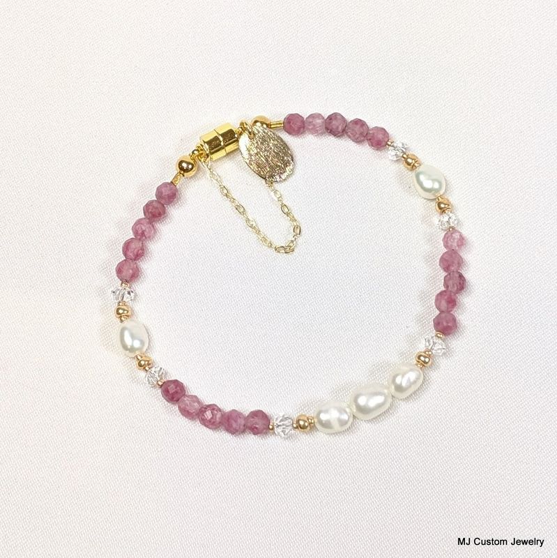 Pink Tourmaline, FW Pearl & Brushed Gold Drop Magnetic Clasp Bracelet
