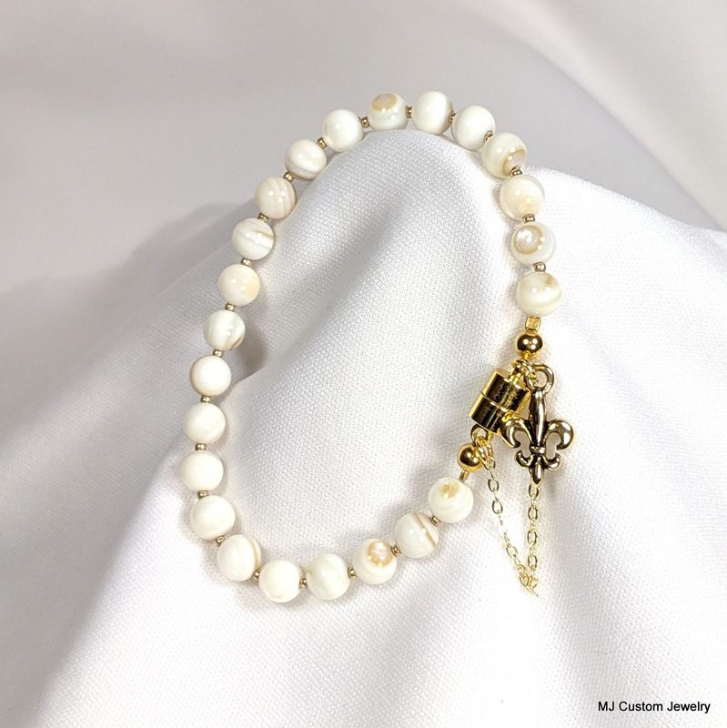 Mother of Pearl & Fleur-de-lis Charm Magnetic Clasp Bracelet