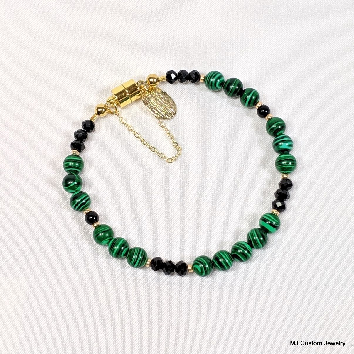 Malachite, Jet Glass & Brushed Gold Drop Magnetic Clasp Bracelet