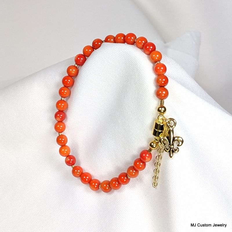 Red Coral & Fleur-de-lis Charm Magnetic Clasp Bracelet