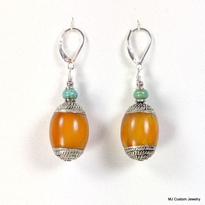 Nepal Amber Repoussé Bead & Turquoise Earrings