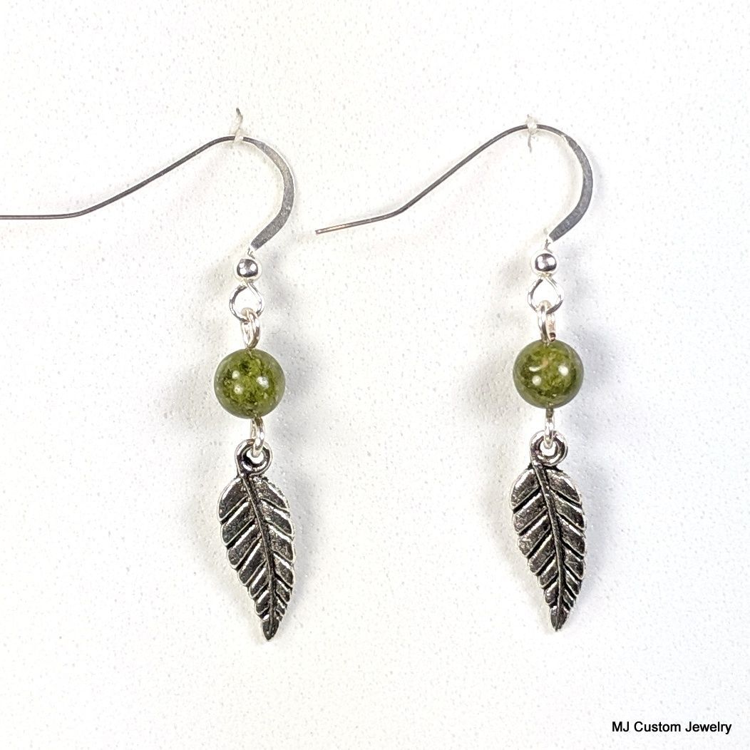 Green Unakite & Silver Feather Earrings
