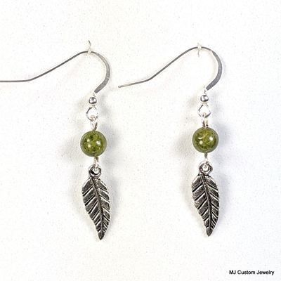 Green Unakite & Silver Feather Earrings