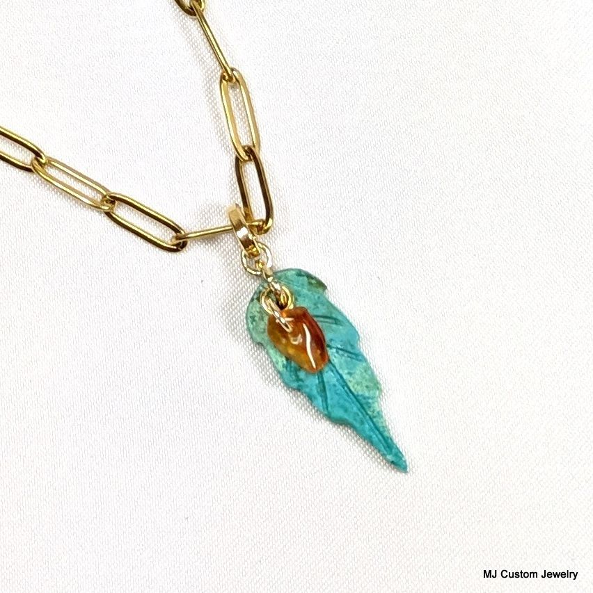 Hand-Carved Turquoise Leaf & Carnelian Pendant Necklace