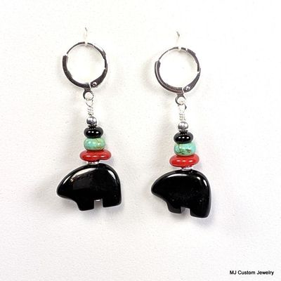 Onyx Zuni Bear, Turquoise & Red Coral Earrings