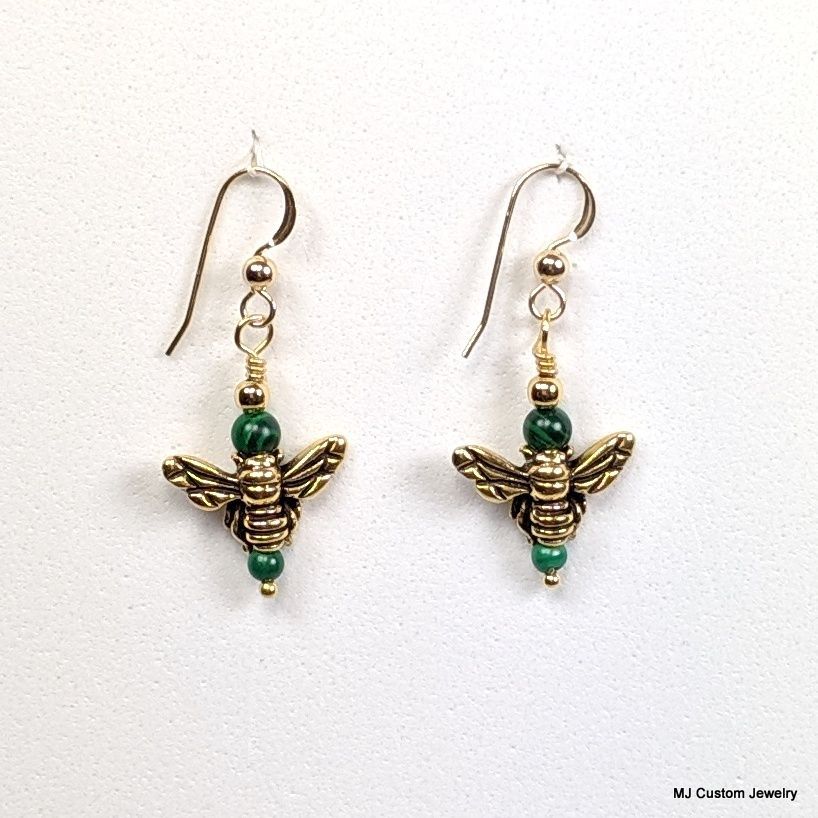 Malachite & Golden Honey Bee 14k GF Earrings