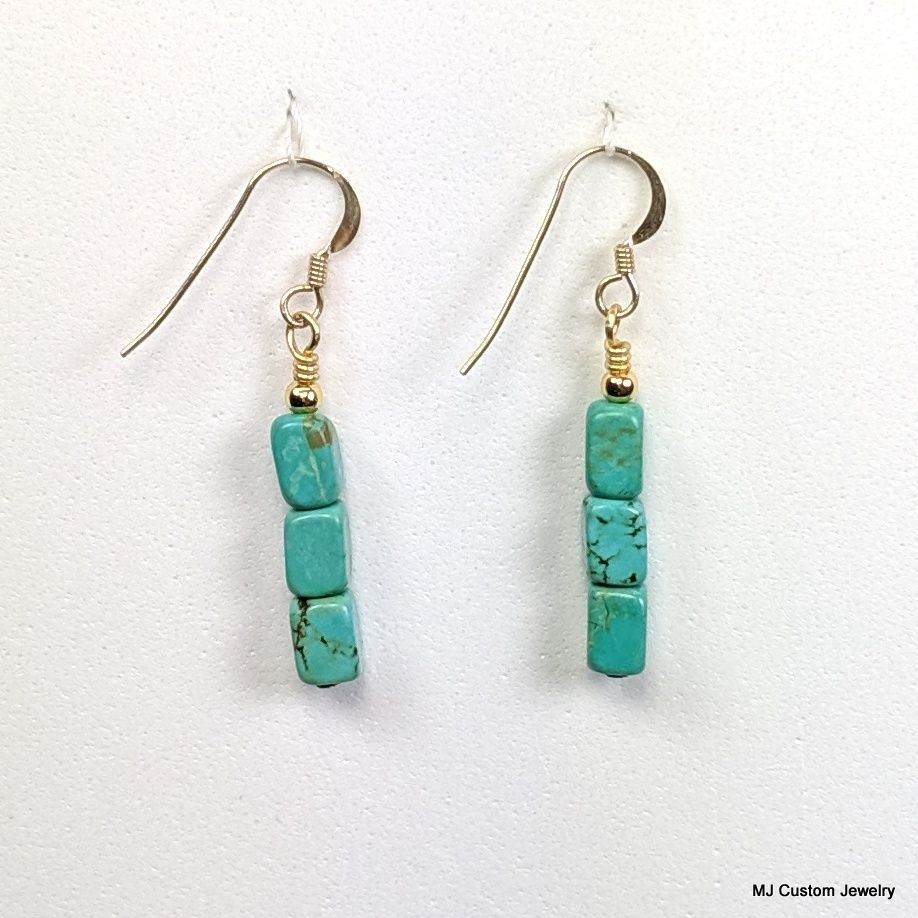 Turquoise Stacked Tumbled Squares 14k GF Earrings
