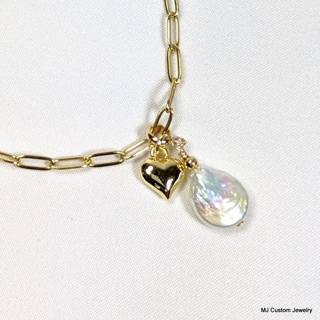 Baroque Coin Pearl & Heart Charm Pendant Necklace