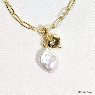 Baroque Coin Pearl & Heart Charm Pendant Necklace