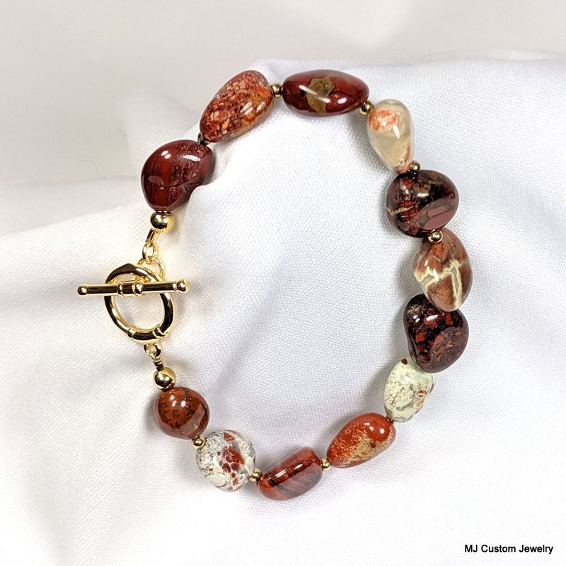 Brecciated Jasper Nuggets Gold Toggle Bracelet