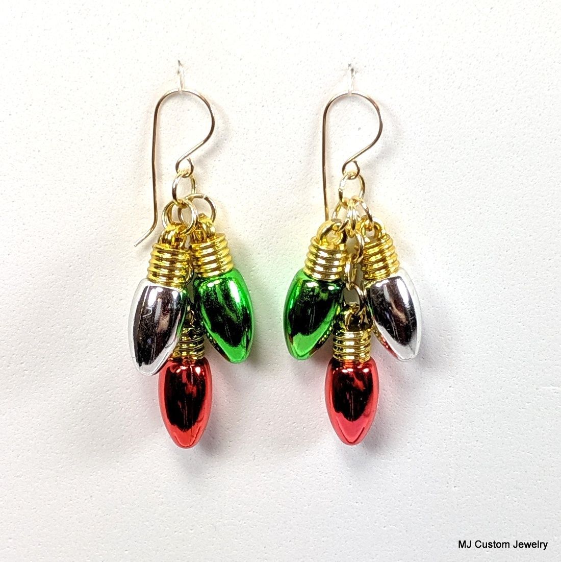 Red, Green & Silver Christmas Light Bulbs 14k Earrings