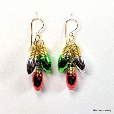 Red, Green & Silver Christmas Light Bulbs 14k Earrings Red, Green & Silver Christmas Light Bulbs 14k Earrings