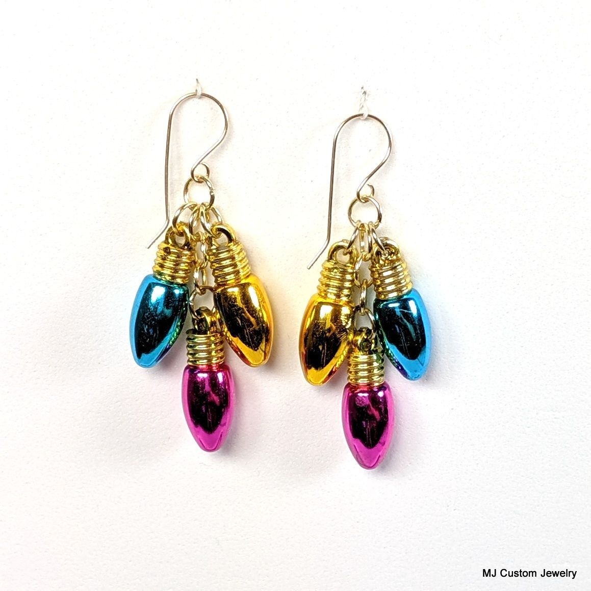 Fuchsia, Gold & Blue Christmas Light Bulbs 14k Earrings Fuchsia, Gold & Blue Christmas Light Bulbs 14k Earrings
