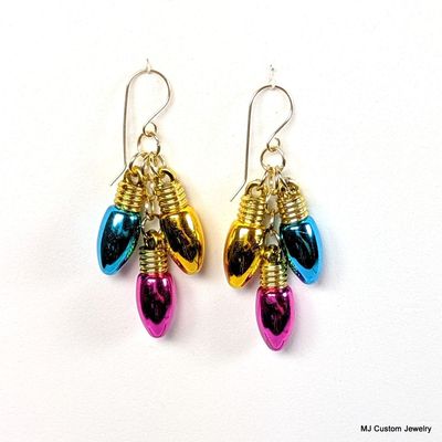 Fuchsia, Gold & Blue Christmas Light Bulbs 14k Earrings Fuchsia, Gold & Blue Christmas Light Bulbs 14k Earrings