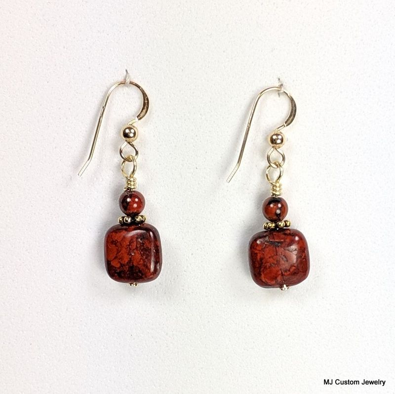 Brecciated Jasper Puffed Squares 14k GF Earrings