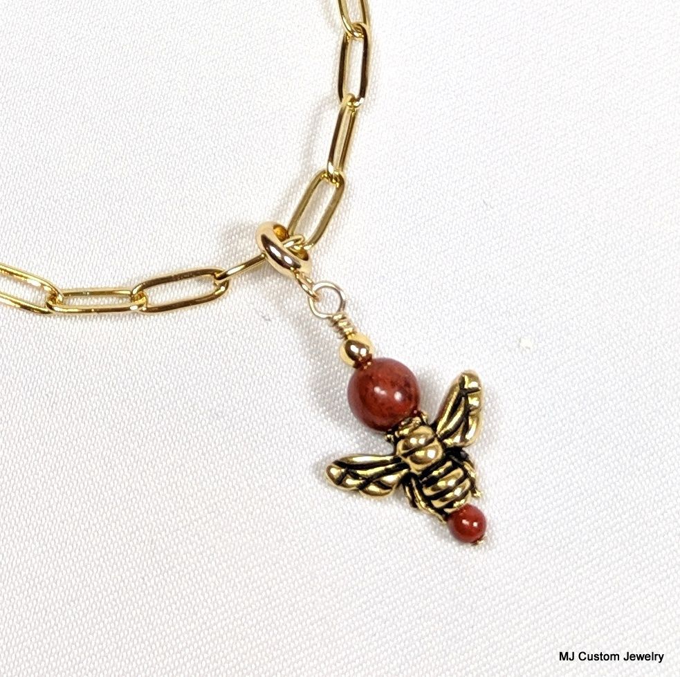 Red Jasper & Golden Honey Bee Pendant Necklace Red Jasper & Golden Honey Bee Pendant Necklace