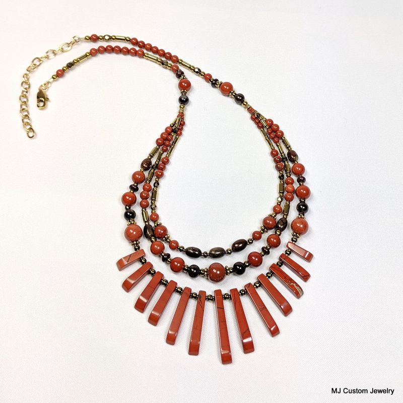 Red Jasper & Bronze Fan Bib Necklace