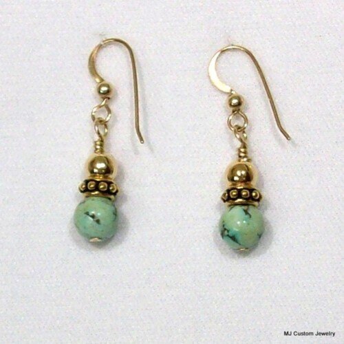 Turquoise Gemstone Beaded Rondelle 14k GF Earrings Turquoise Gemstone Beaded Rondelle 14k GF Earrings