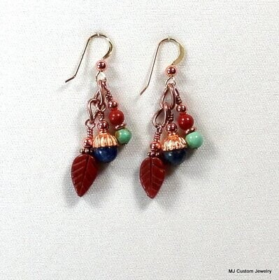 Red Jasper Leaves, Turquoise & Lapis Dangle Copper Earrings Red Jasper Leaves, Turquoise & Lapis Dangle Copper Earrings