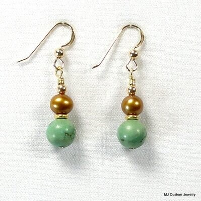 Turquoise Gemstone & Bronze FW Pearl 14k GF Earrings