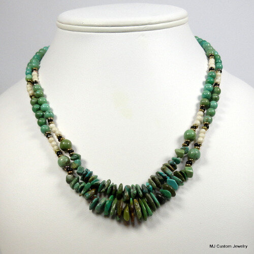 Turquoise & Seabed Fossil Double Strand Brass Necklace Turquoise & Seabed Fossil Double Strand Brass Necklace