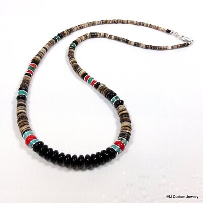 Onyx, Turquoise, Red Coral & Shell Heishi Necklace