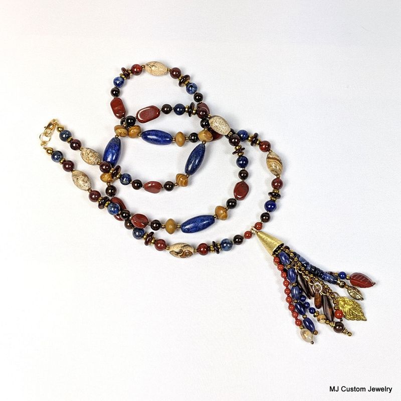 Lapis Lazuli & Jasper Tassel Pendant Gold Necklace