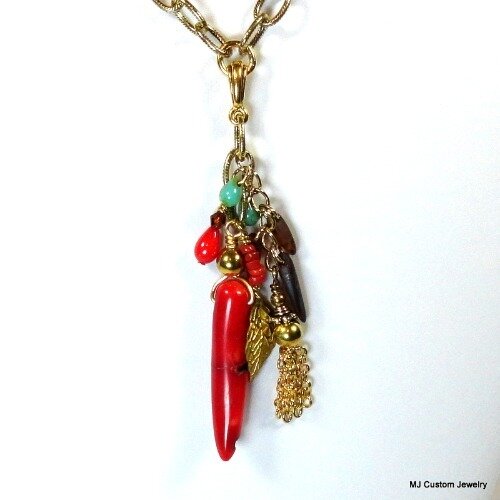 Red Coral & Turquoise Gold Chain Tassel Necklace Red Coral & Turquoise Gold Chain Tassel Necklace