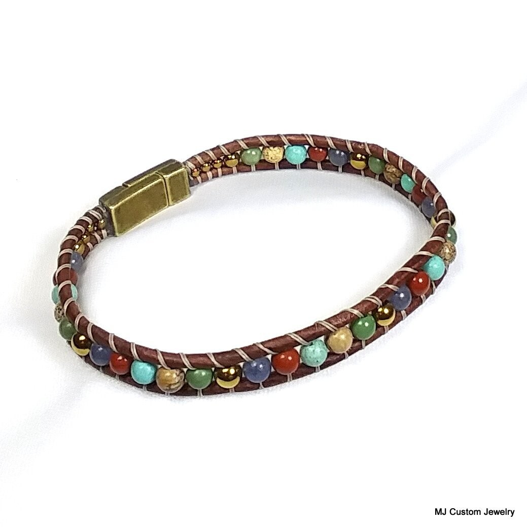 Multi-gemstone & Gold Hematite Magnetic Clasp Leather Bracelet Multi-gemstone & Gold Hematite Magnetic Clasp Leather Bracelet