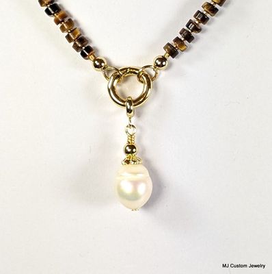 Tigereye Heishi Necklace w/ Removable Baroque FW Pearl Pendant Tigereye Heishi Necklace w/ Removable Baroque FW Pearl Pendant