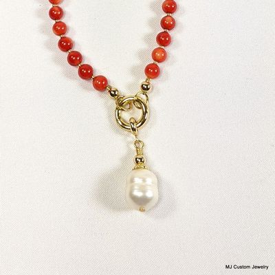 Red Coral Necklace w/ Removable Baroque FW Pearl Pendant Red Coral Necklace w/ Removable Baroque FW Pearl Pendant