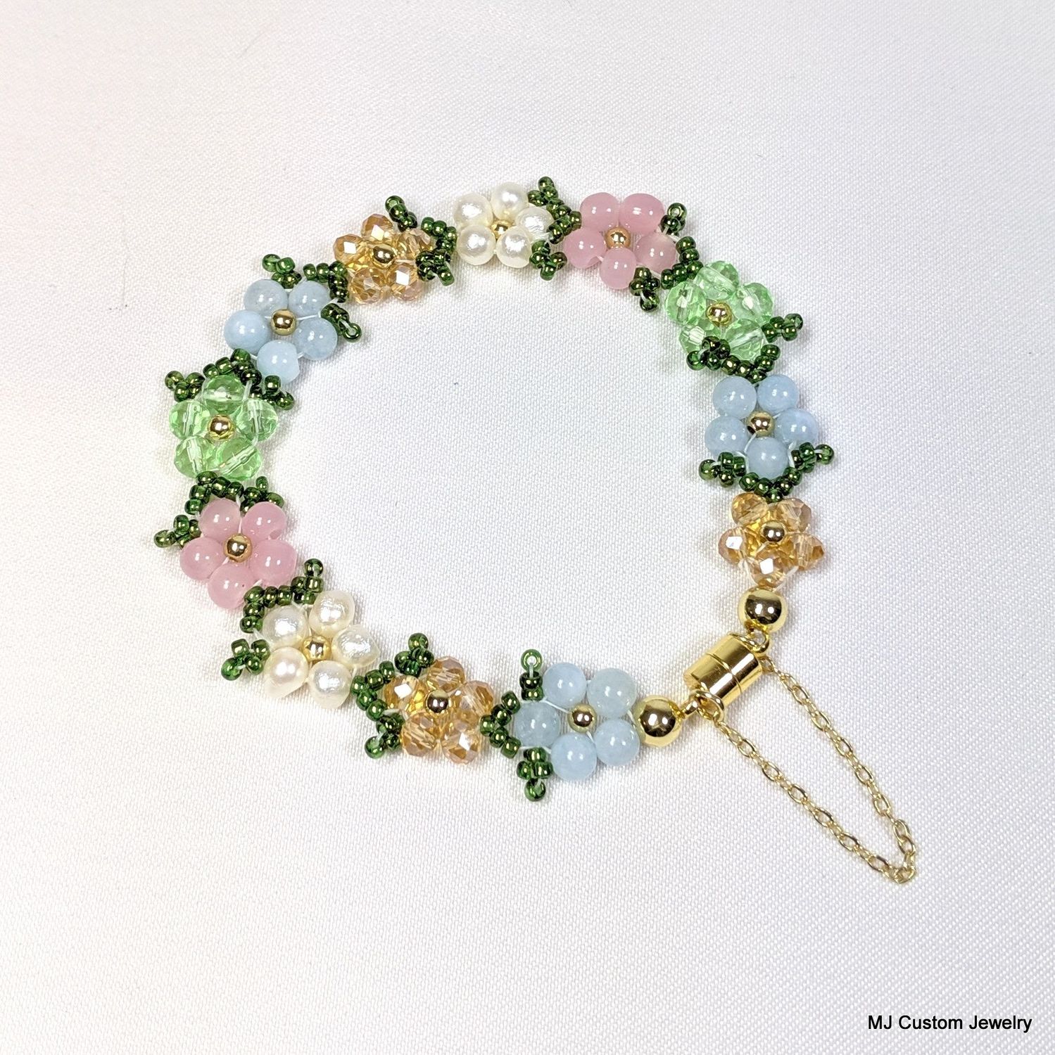 Multi-gemstone Pastel Daisies Magnetic Clasp Bracelet Multi-gemstone Pastel Daisies Magnetic Clasp Bracelet