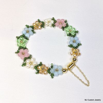 Multi-gemstone Pastel Daisies Magnetic Clasp Bracelet Multi-gemstone Pastel Daisies Magnetic Clasp Bracelet