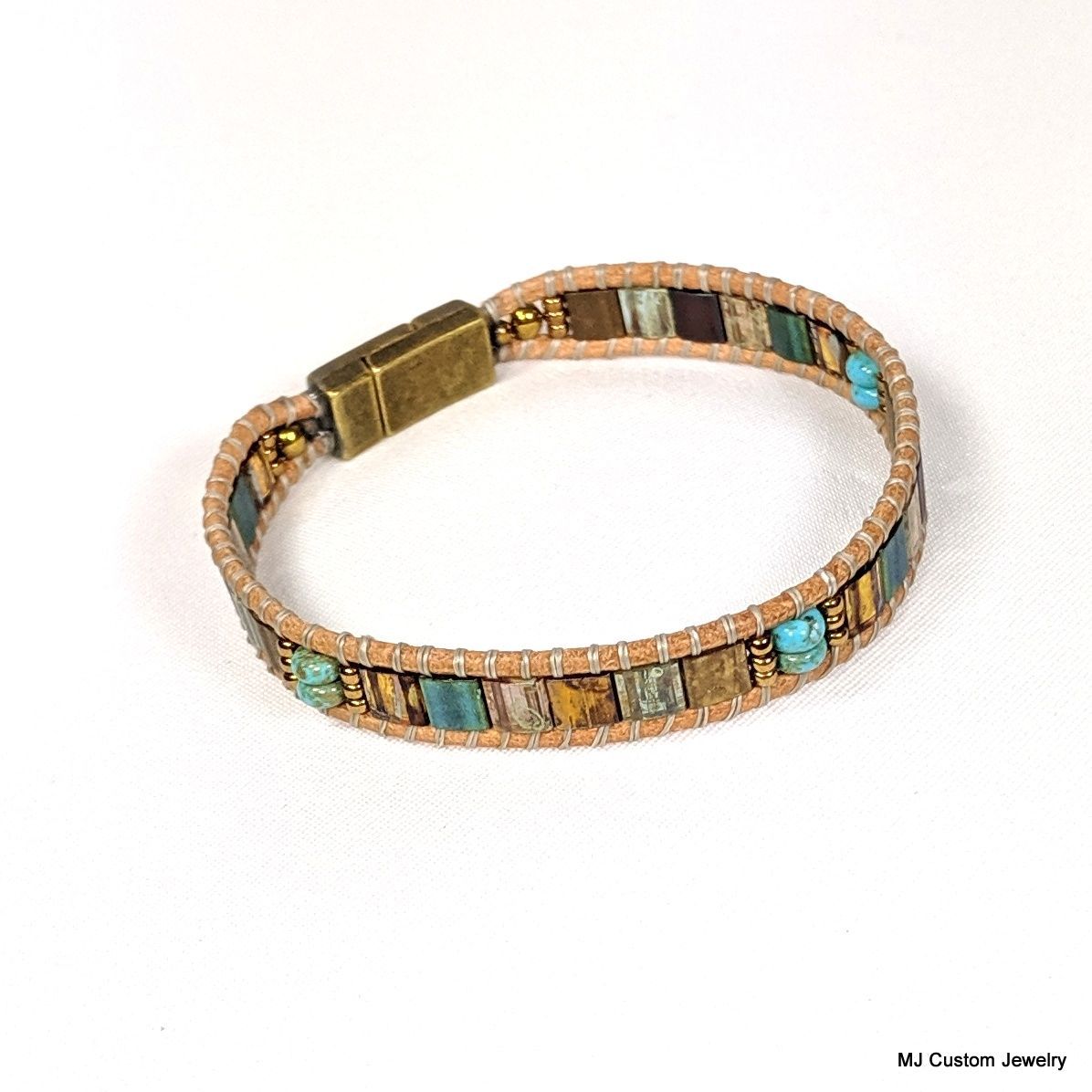 Glass Tiles, Turquoise & Bronze Magnetic Clasp Leather Bracelet Glass Tiles, Turquoise & Bronze Magnetic Clasp Leather Bracelet