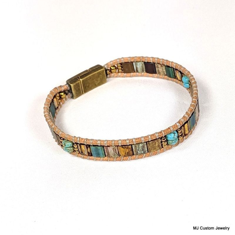Glass Tiles, Turquoise & Bronze Magnetic Clasp Leather Bracelet