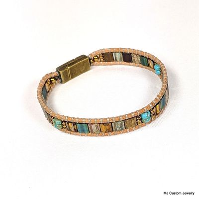 Glass Tiles, Turquoise & Bronze Magnetic Clasp Leather Bracelet